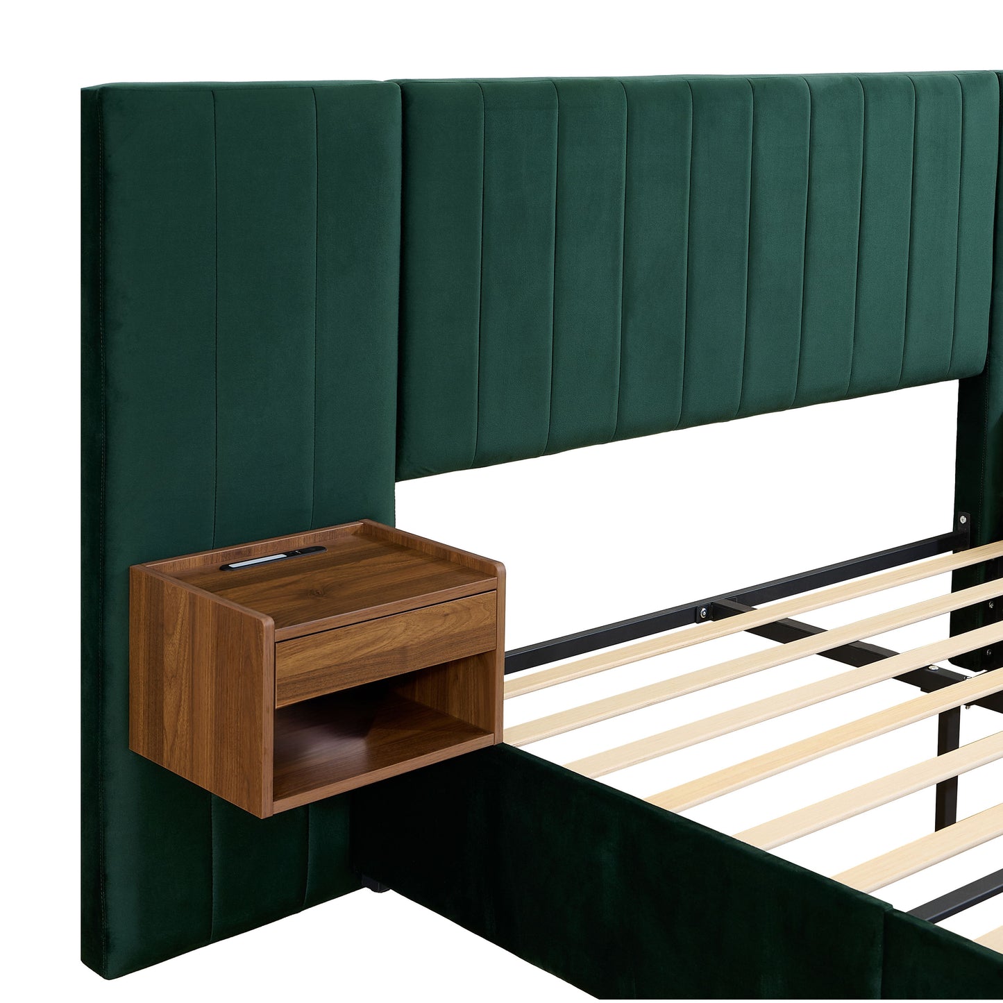 Upholstered Queen Size Bed Frame Of Velvet Tufted Headboard With Floating Nightstand LED / USB Built - Green