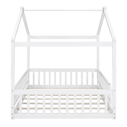 Full Size Bed House Bed Frame & Fence - White