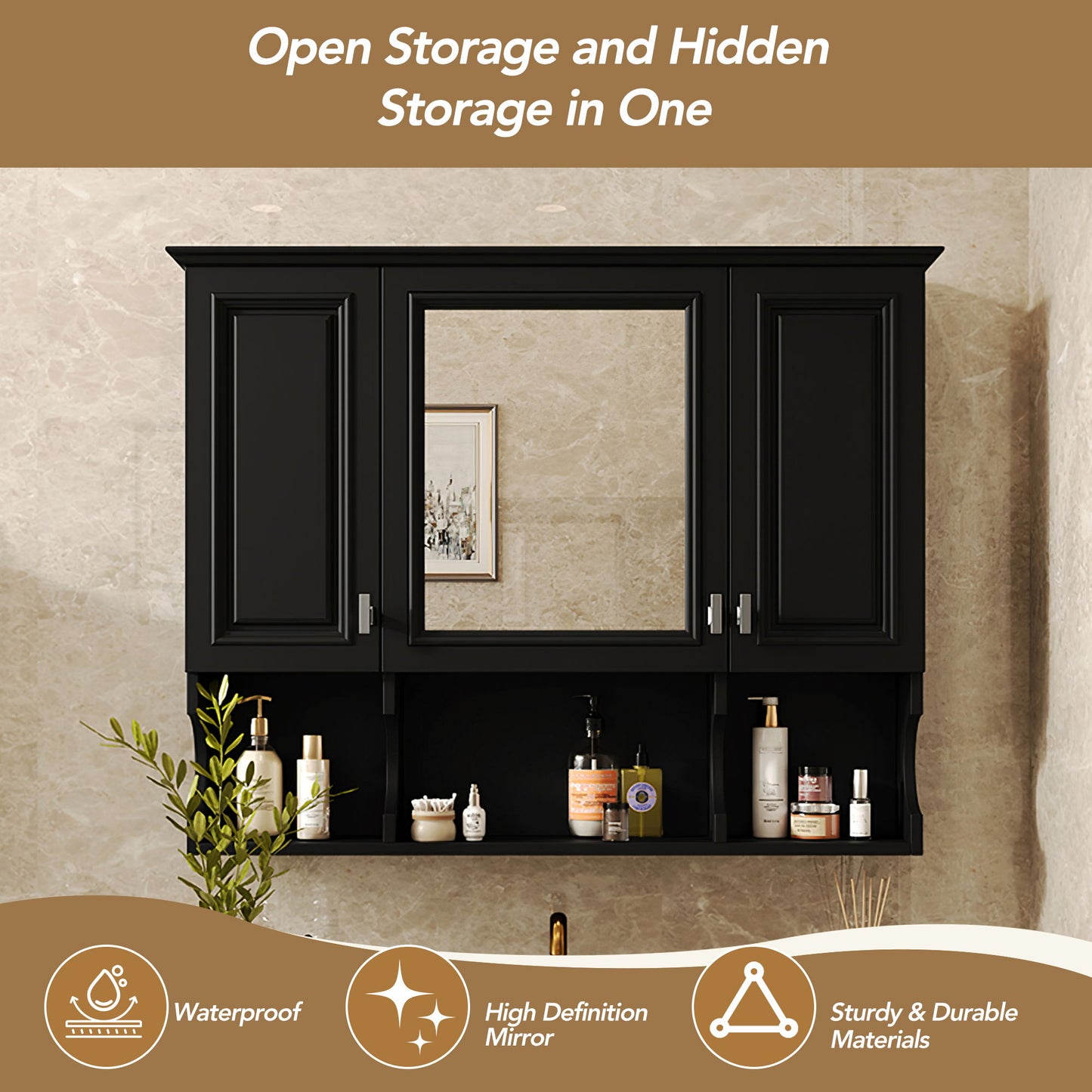 Wall Mounted Bathroom Medicine Cabinet, Modern Bathroom Wall Cabinet With Mirror, Mirror Cabinet With Open Shelves - Black