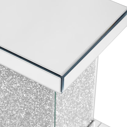 Square Mirrored End Table With Led Lights, Modern Side Table With Crushed Diamond For Living Room - Silver