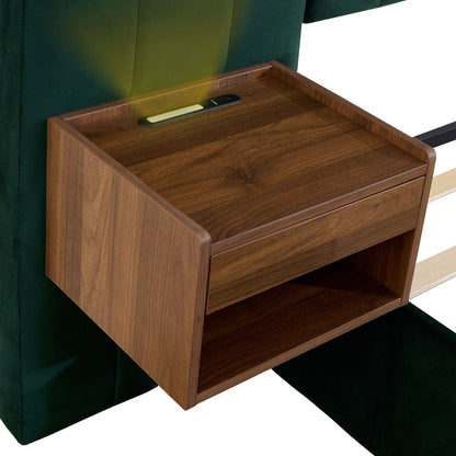 Upholstered Queen Size Bed Frame Of Velvet Tufted Headboard With Floating Nightstand LED / USB Built - Green