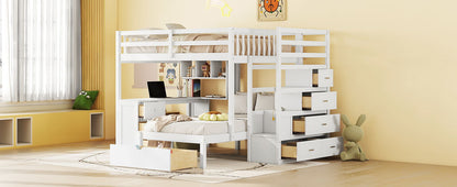 Full Over Twin Bunk Bed With Desk, Drawers And Shelves - White