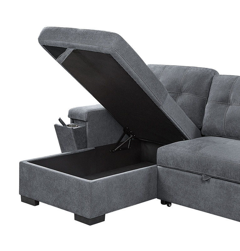 Toby - Woven Fabric Reversible Sleeper Sectional Sofa With Storage Chaise Cup Holder Charging Ports And Pockets - Gray