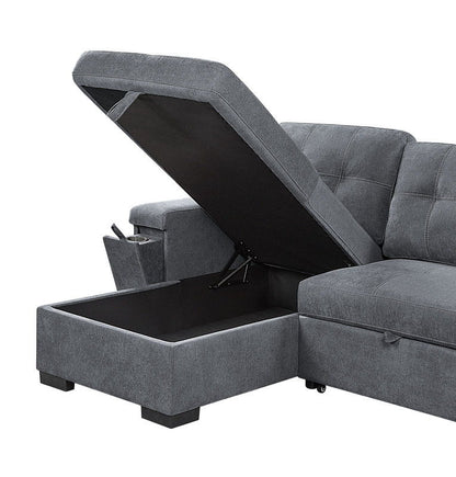 Toby - Woven Fabric Reversible Sleeper Sectional Sofa With Storage Chaise Cup Holder Charging Ports And Pockets - Gray