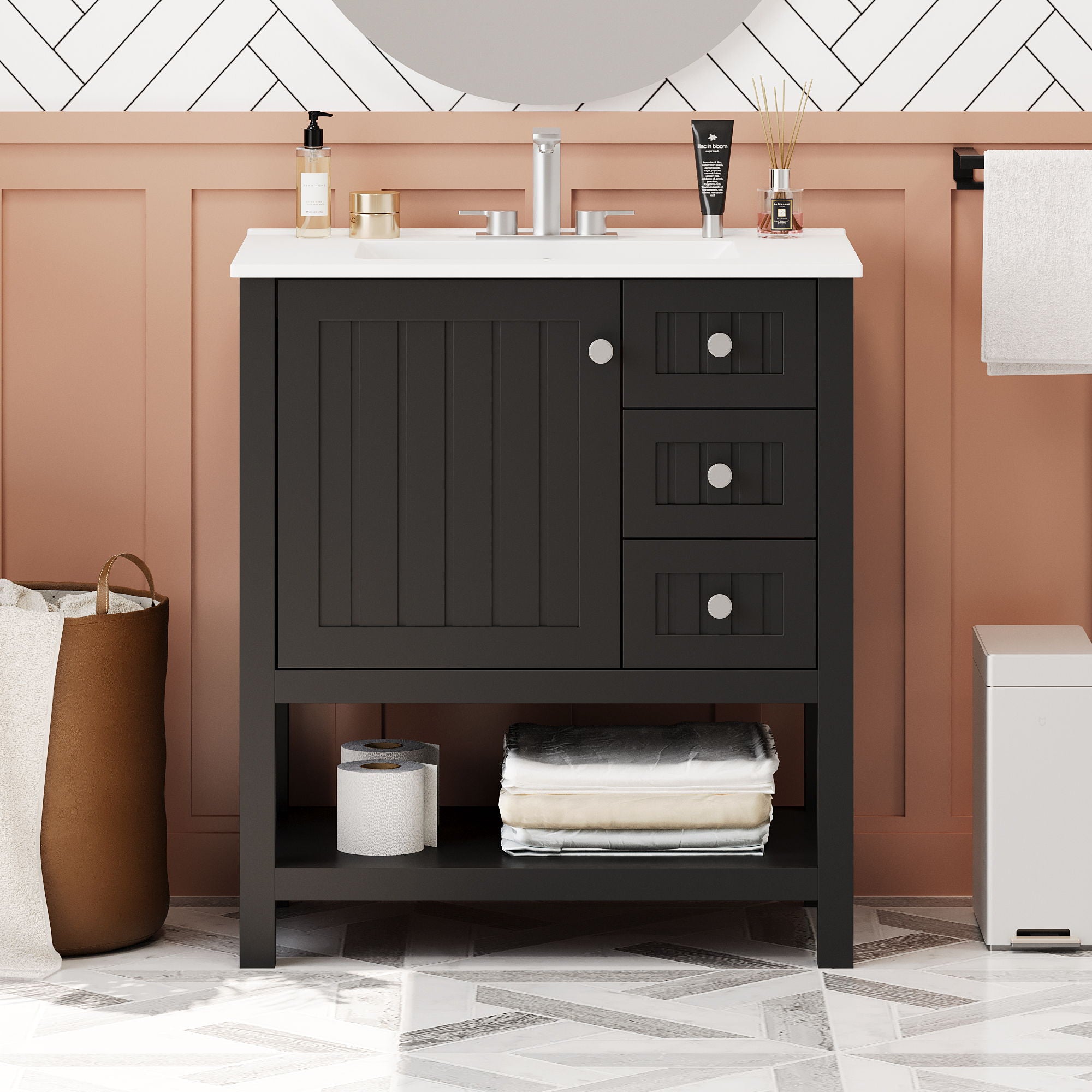 Transitional Style Bathroom Vanity Cabinet Combo With Ceramic Sink, Soft Close Door - Black