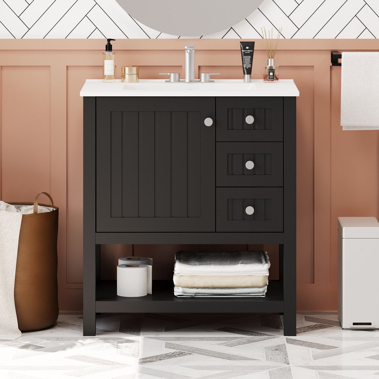 Transitional Style Bathroom Vanity Cabinet Combo With Ceramic Sink, Soft Close Door - Black