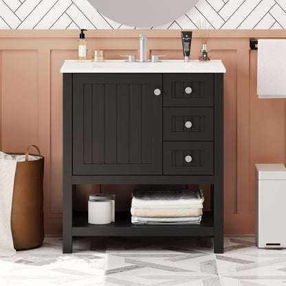 Transitional Style Bathroom Vanity Cabinet Combo With Ceramic Sink, Soft Close Door - Black