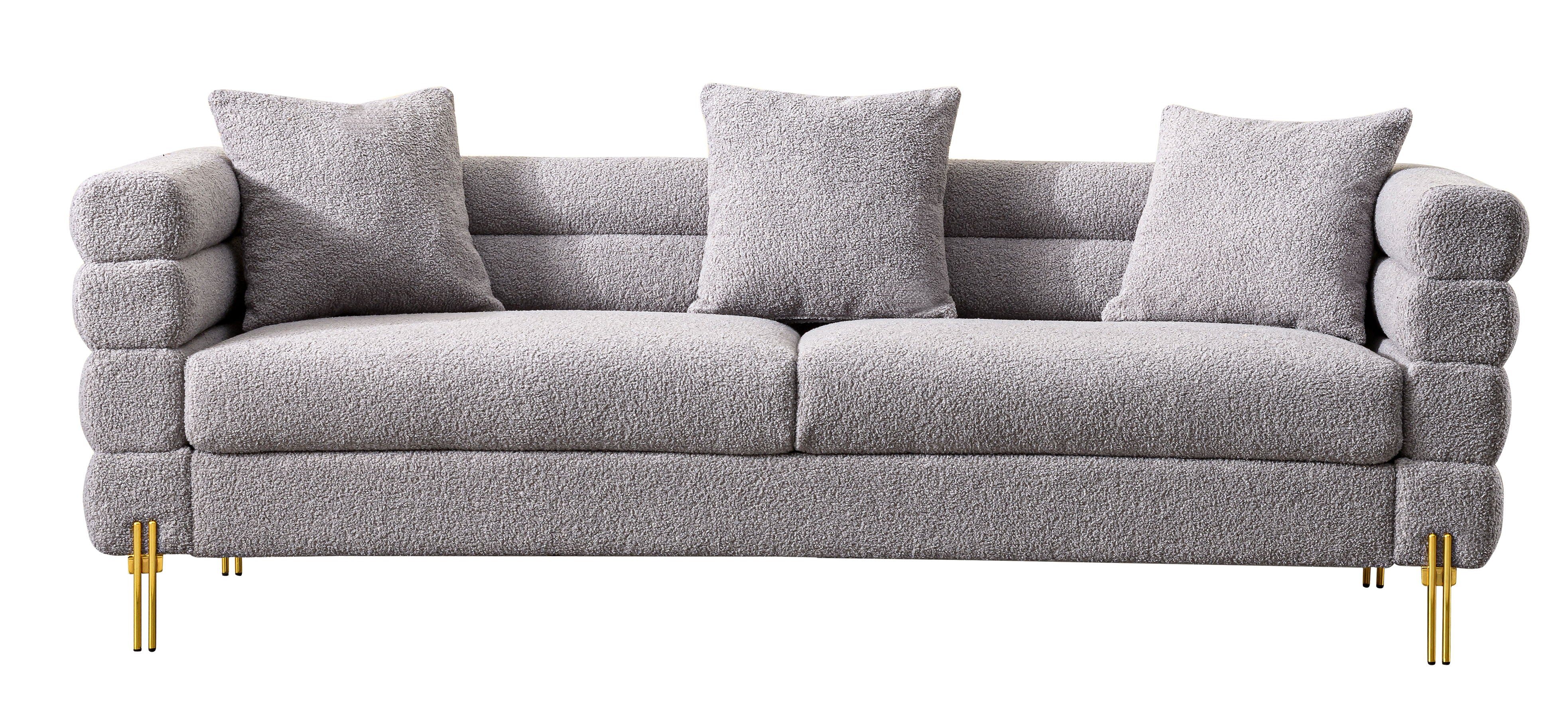 Luxurious And Comfortable Upholstered Sofa With Golden Legs And Pillows For Living Room And Reception Area - Gray