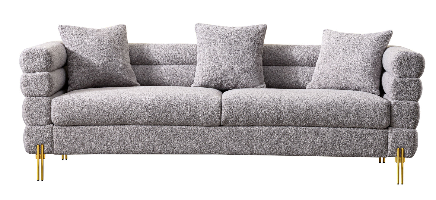 Luxurious And Comfortable Upholstered Sofa With Golden Legs And Pillows For Living Room And Reception Area - Gray