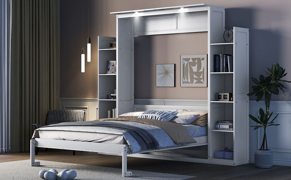 Queen Size Murphy Wall Bed With Shelves And LED Lights - White