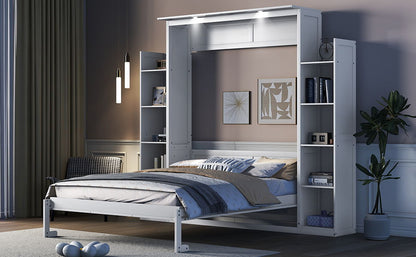 Queen Size Murphy Wall Bed With Shelves And LED Lights - White