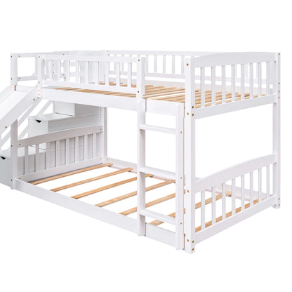 Twin Over Twin Stairway Bunk Bed & Two Drawers And Slide - White