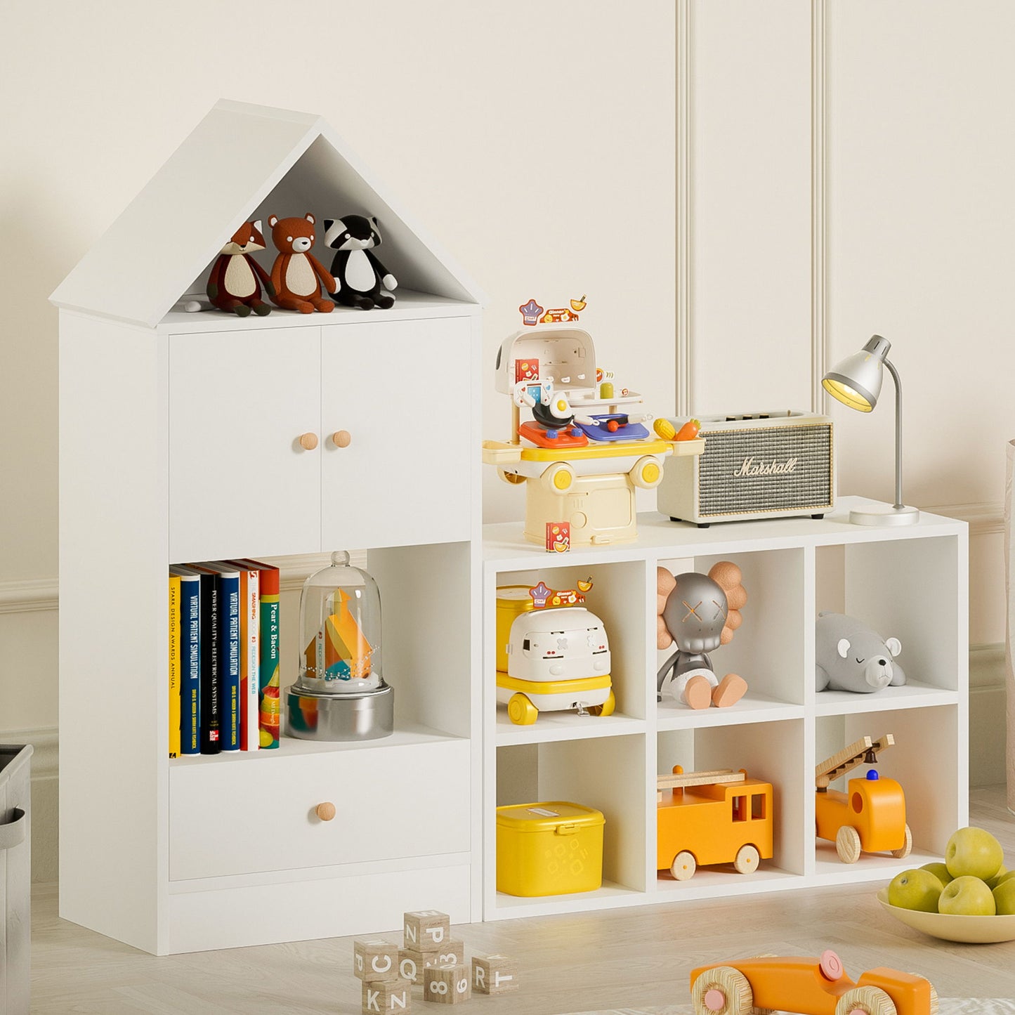 Versatile Kids Bookshelf With House-Shaped Design Multifunctional Storage, Durable - White