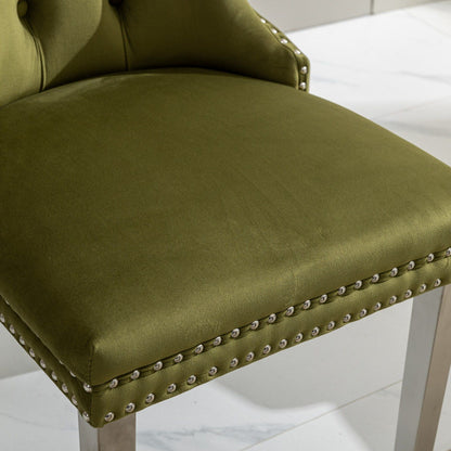 Nikki - Modern, High-End Tufted Solid Wood Contemporary Velvet Upholstered Dining Chair With Chrome Stainless Steel Plating Legs, Nailhead Trim (Set of 2) - Olive Green / Chrome