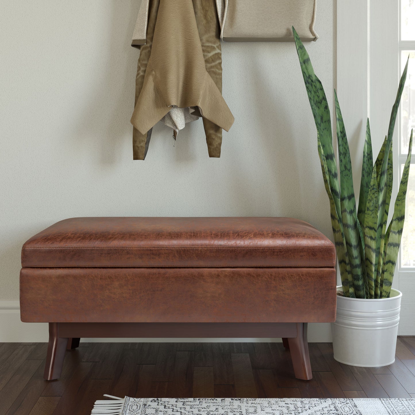 Owen - Small Rectangular Storage Ottoman - Distressed Saddle Brown
