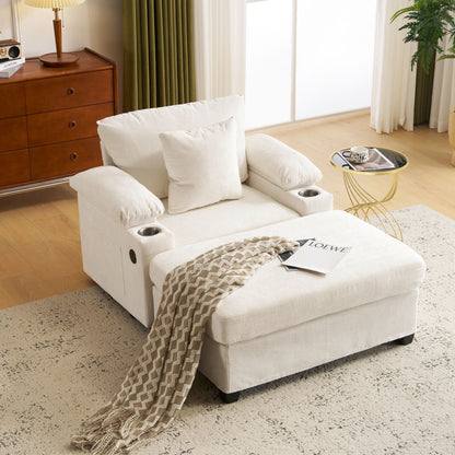 Modern Oversized Chair With Ottoman, Chenille Fabric Sofa Bed, Accent Chair Comfy Sofa With Cupholders And USB Charging Ports Chair For Living Room, Bedroom, Apartment - Beige