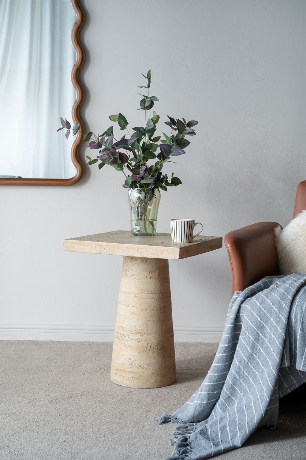 Square Side Table With Pedestal Base - Cream
