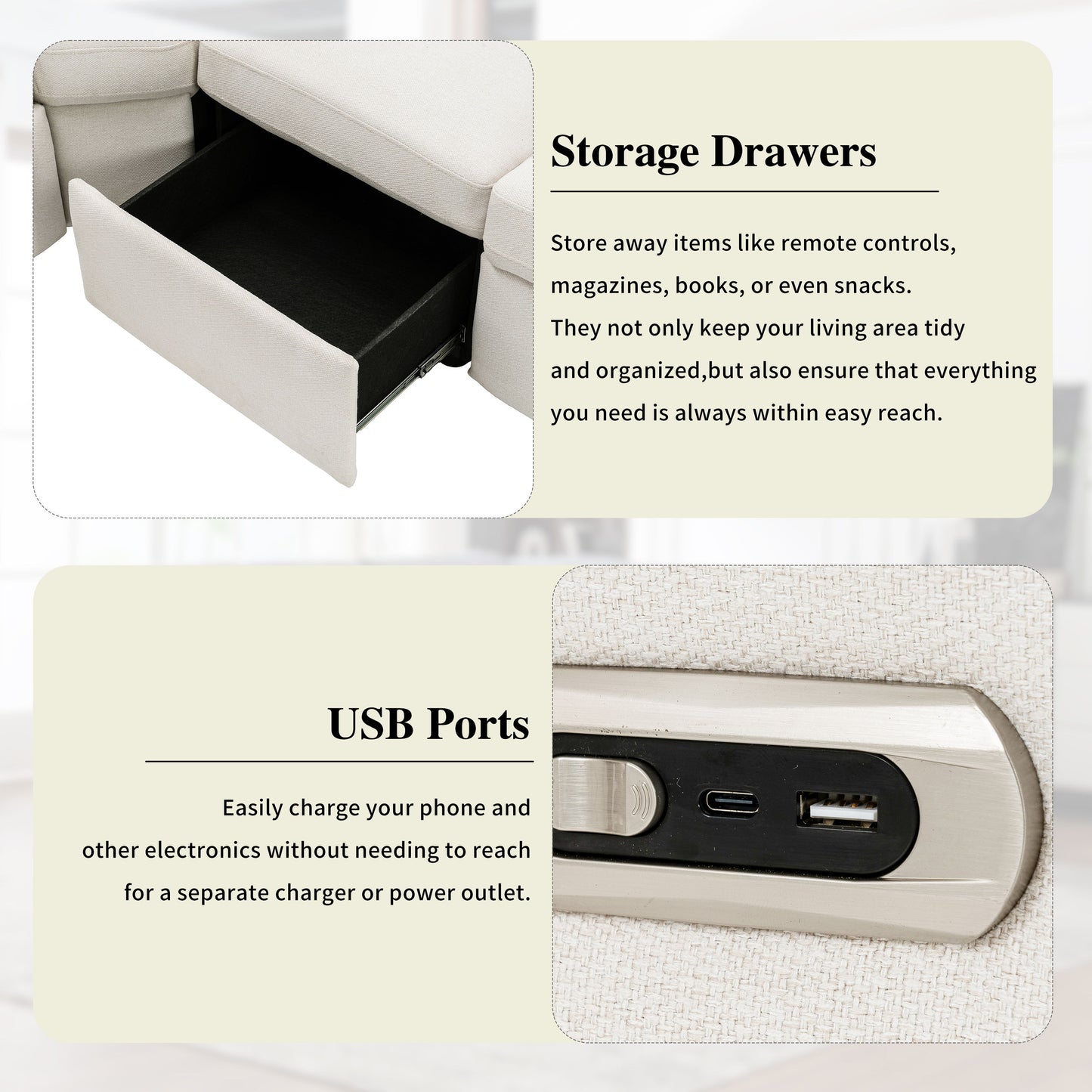 Power Recliner Sectional Sofa Home Theater Reclining Sofa With Two USB Ports, Two Storage Drawers For Living Room - Beige