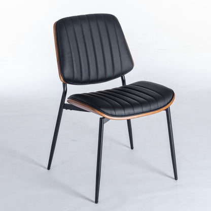Dining Chairs Mid-Century Modern Retro Faux Leather Chair With Walnut Bentwood Back Upholstered Seat Metal Legs Adjustable Foot For Kitchen Dining Room Chairs (Set of 2) - Black