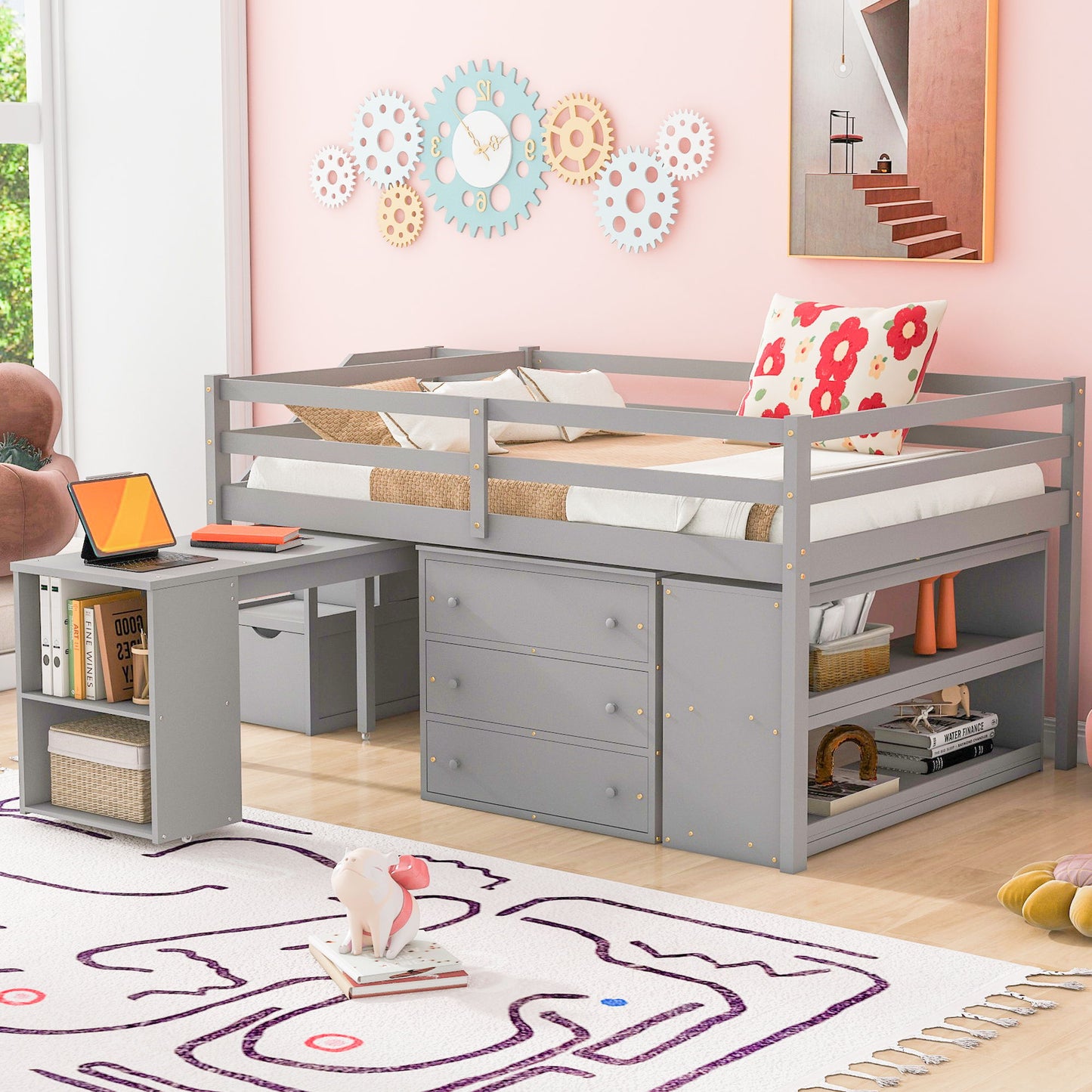 Full Size Loft Bed With Retractable Writing Desk And 3 Drawers With Storage Stairs And Shelves - Gray