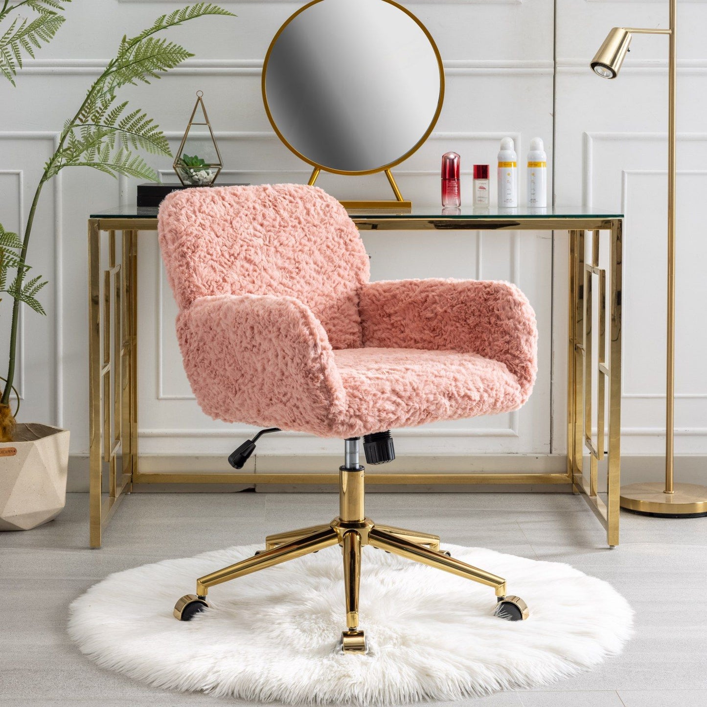 Office Chair, Artificial Rabbit Hair Home Office Chair With Golden Metal Base, Adjustable Desk Chair Swivel Office Chair, Vanity Chair - Pink
