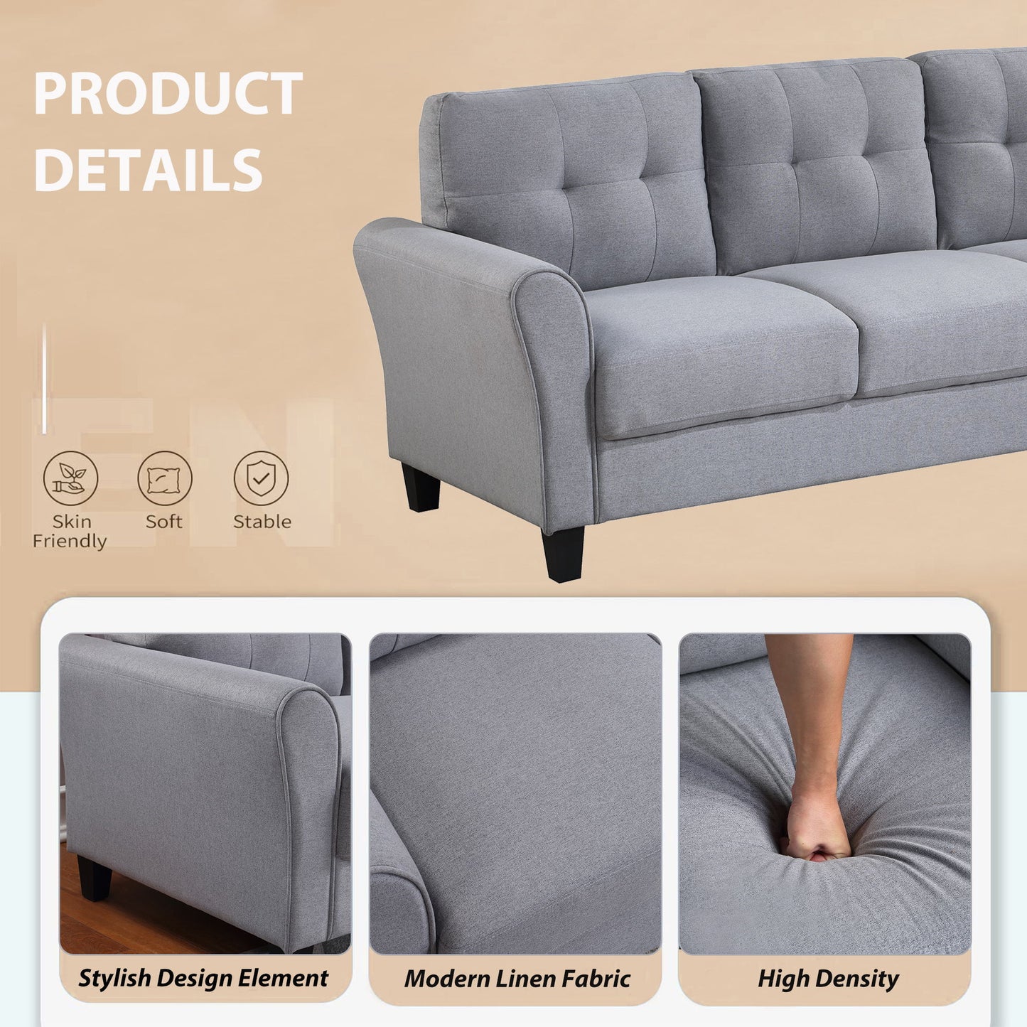 Modern Living Room Sofa Set Linen Upholstered Couch Furniture For Home Or Office - Light Gray / Blue