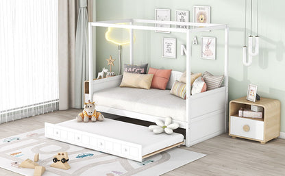 Twin Size Canopy Day Bed With Twin Size Trundle - White