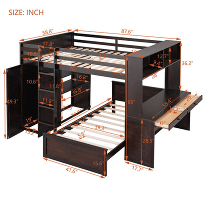 Full Size Loft Bed With A Twin Size Standalone Bed, Shelves, Desk, And Wardrobe - Espresso