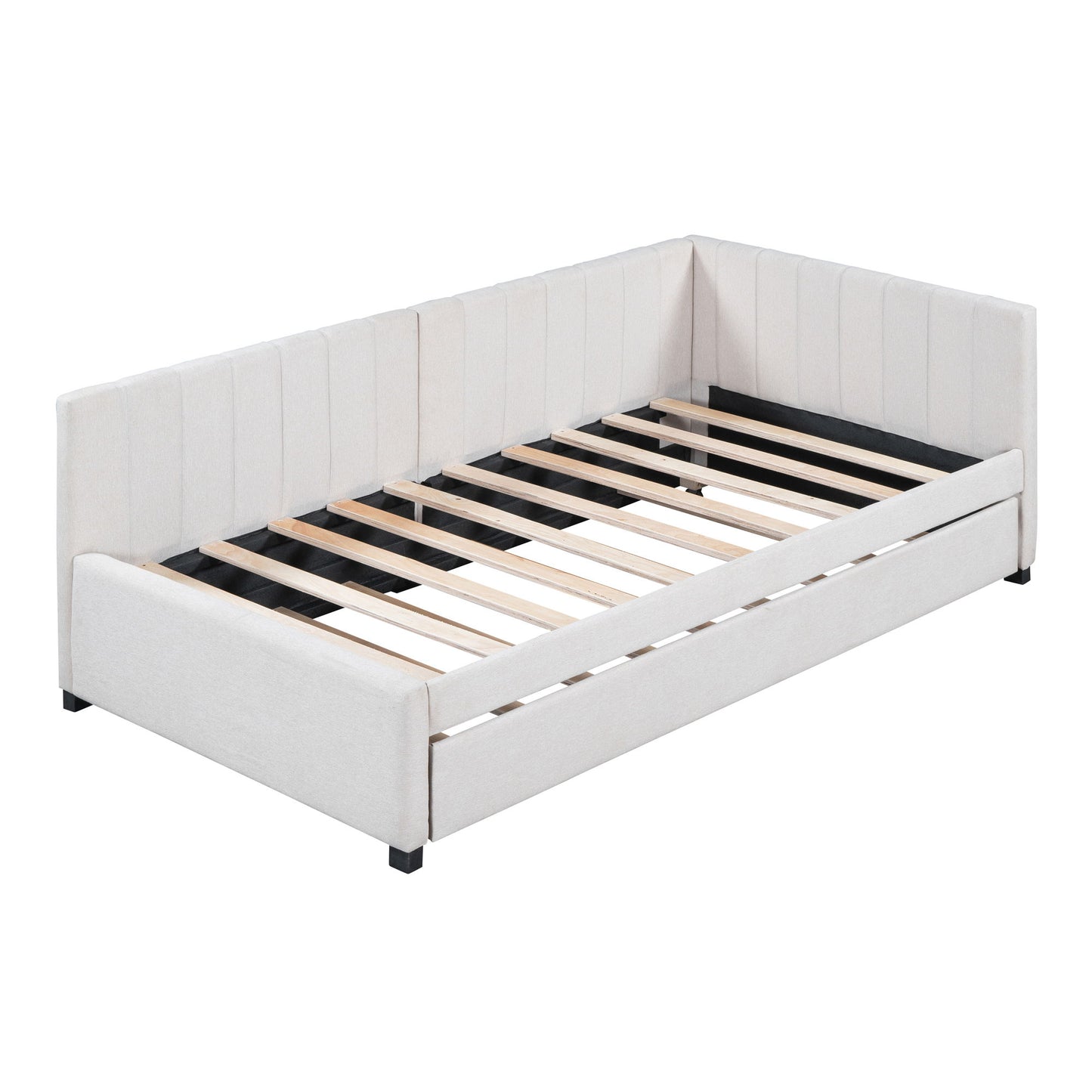 Twin Size Sofa Bed Upholstered Daybed With Trundle Frame No Box Spring Needed, Linen - Beige