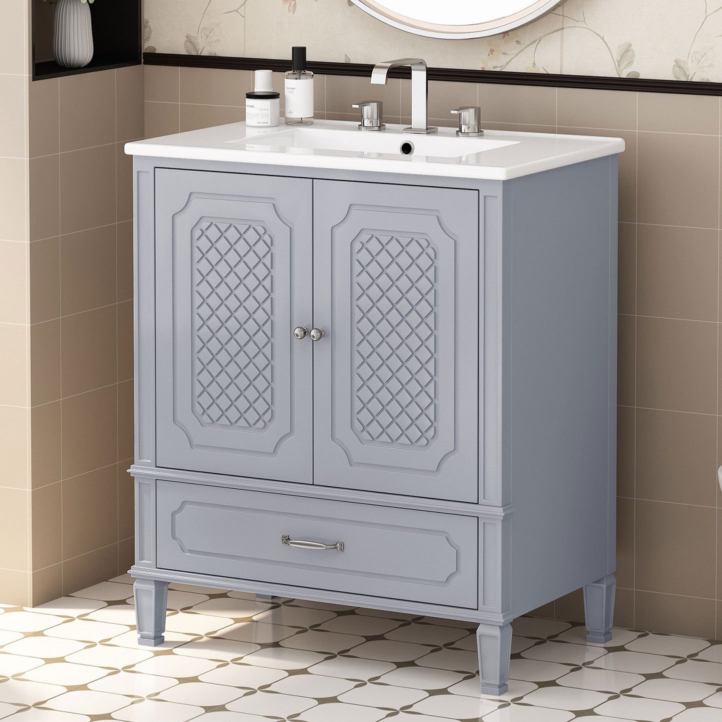 Vintage Style 30" Bathroom Vanity With Sink, Multi Functional Storage, Soft Closing Door - Gray