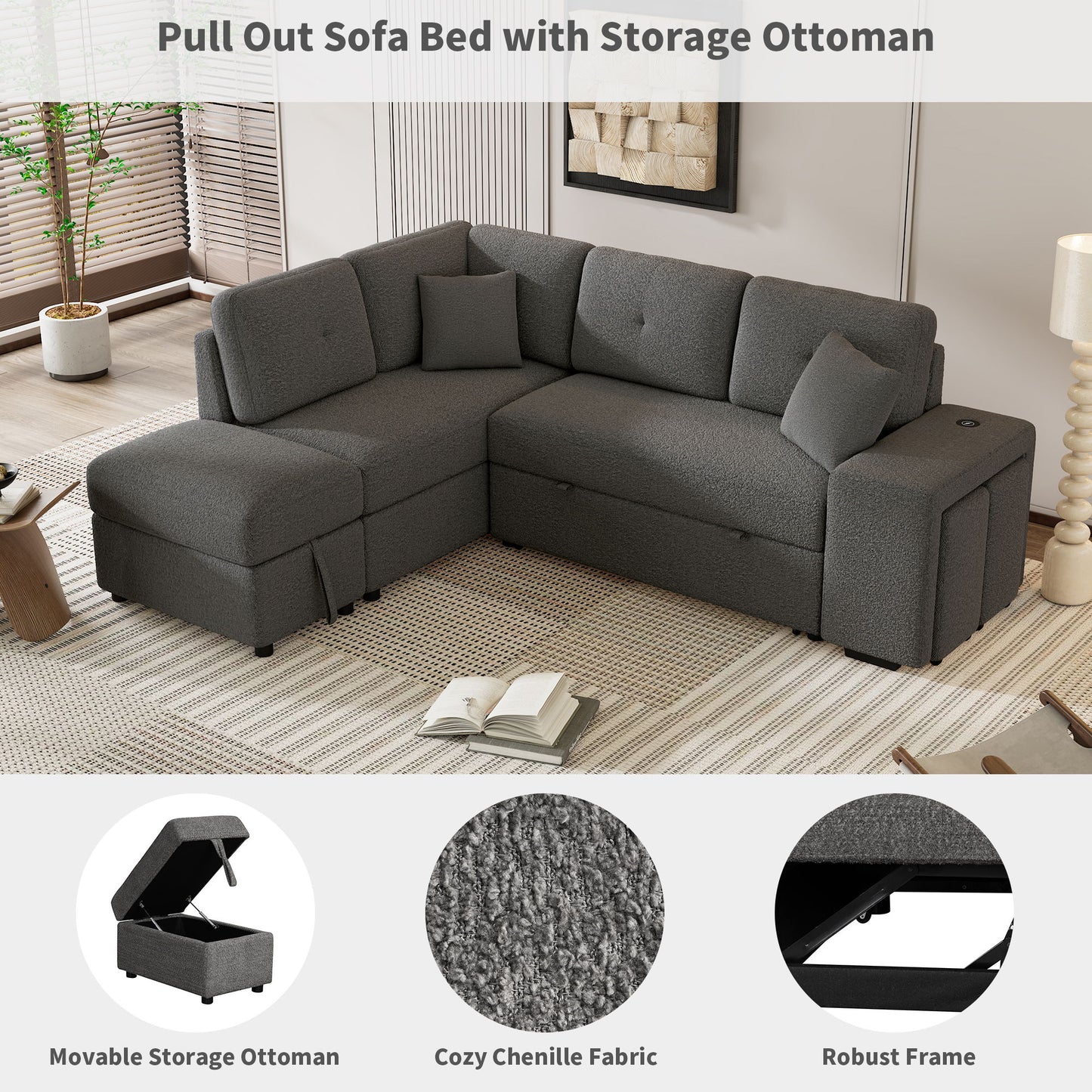 Convertible Sleeper, Sectional Pull Out Sofa Bed With Storage Ottoman, 2 Throw Pillows, 2 Stools, Wireless Charger And Two Hidden USB Ports For Living Room - Dark Gray