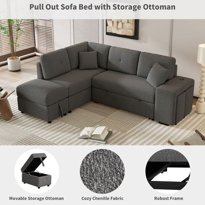 Convertible Sleeper, Sectional Pull Out Sofa Bed With Storage Ottoman, 2 Throw Pillows, 2 Stools, Wireless Charger And Two Hidden USB Ports For Living Room - Dark Gray