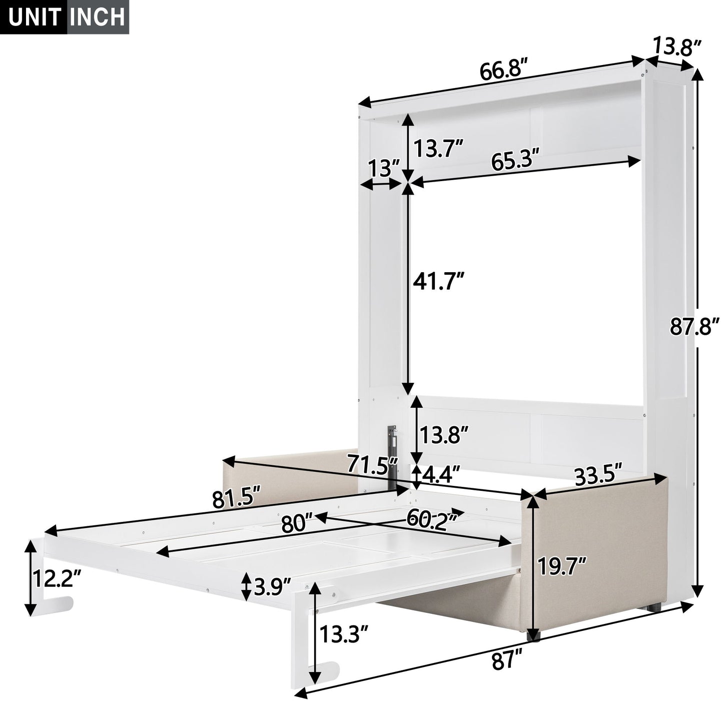 Queen Size Murphy Wall Bed With Cushion - White