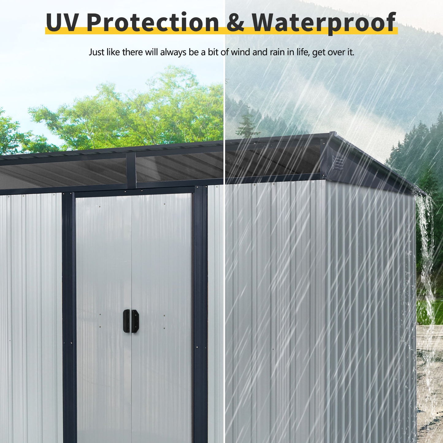 8Ft X 6Ft Outdoor Metal Storage With Lockable Sliding Doors And Transparent Plate For Garden, Lawn - White / Black