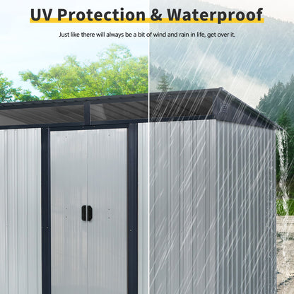 8Ft X 6Ft Outdoor Metal Storage With Lockable Sliding Doors And Transparent Plate For Garden, Lawn - White / Black