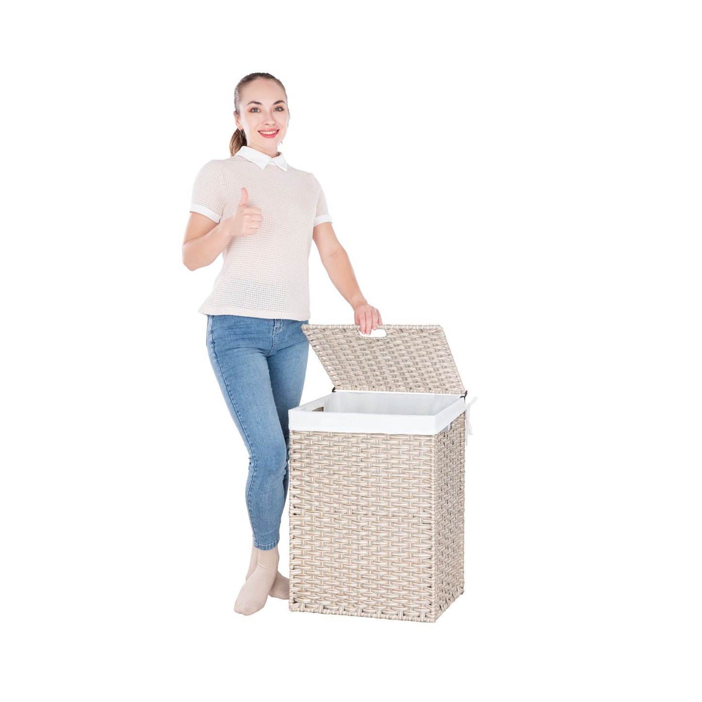 Laundry Hamper With Lid PE Rattan Powder Coating Frame Clothes Hampers With 2 Removable Bags, 100L - Gray