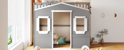 Twin Size House Loft Bed With Ladder - Gray / White