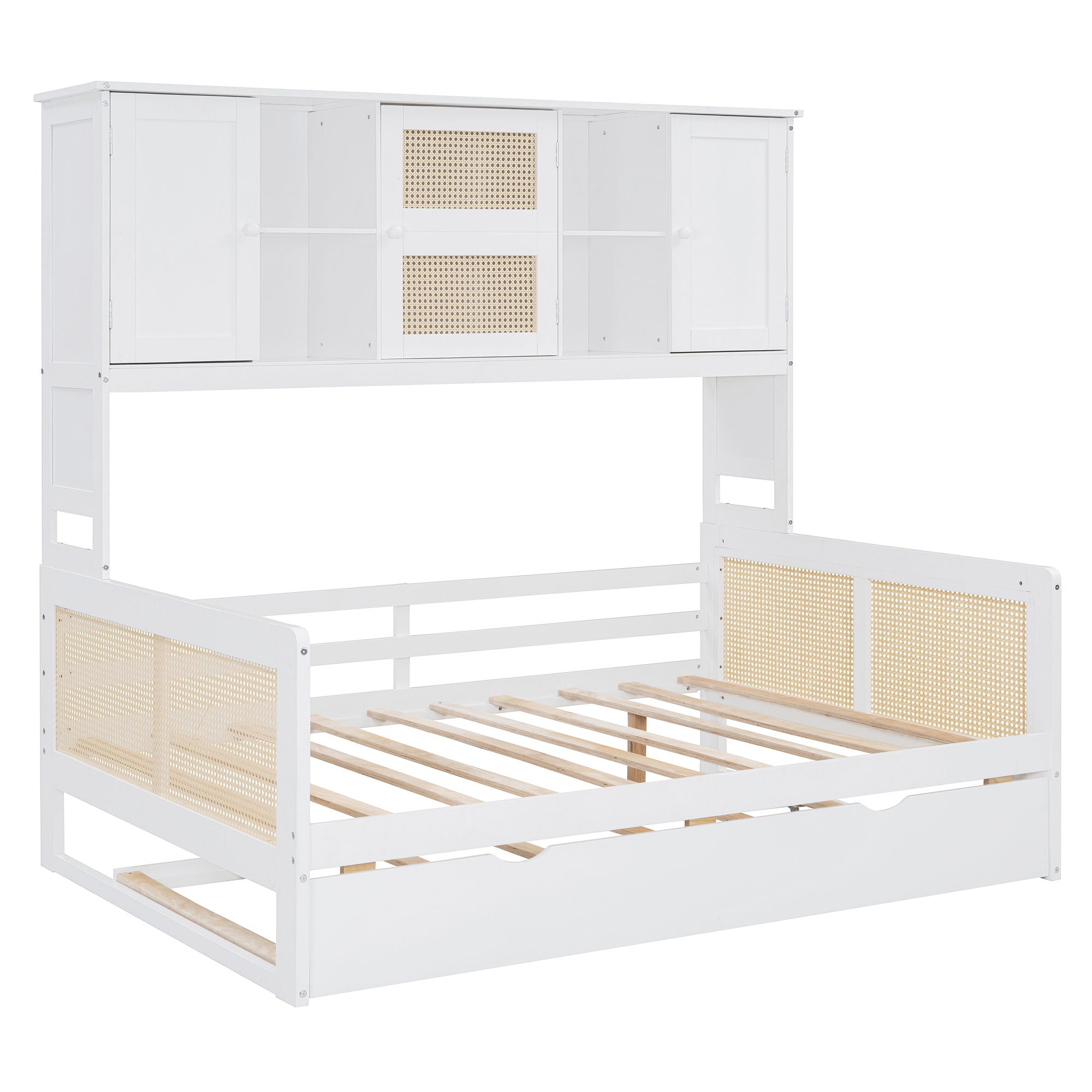 Full Size Wooden Daybed & Twin Size Trundle, And All In One Cabinet And Shelf - White