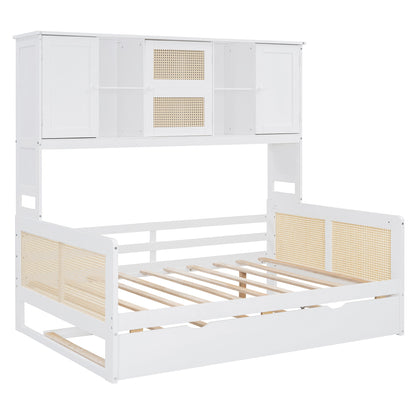 Full Size Wooden Daybed & Twin Size Trundle, And All In One Cabinet And Shelf - White