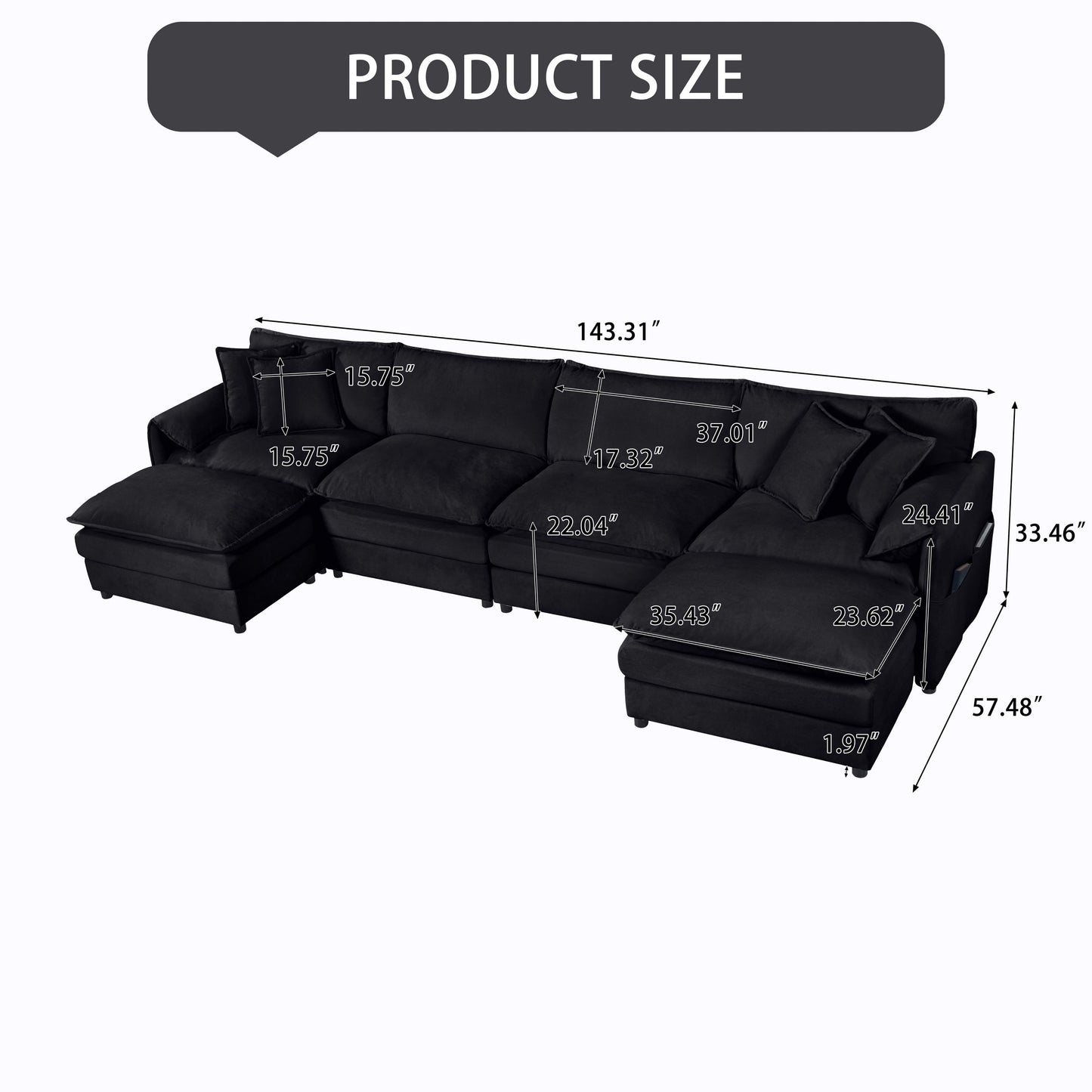 Modular Sectional Sofa, Oversized Deep Seat U Shaped Couch Set, Comfy Cloud Couches With Movable Ottomans - Black