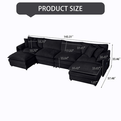 Modular Sectional Sofa, Oversized Deep Seat U Shaped Couch Set, Comfy Cloud Couches With Movable Ottomans - Black