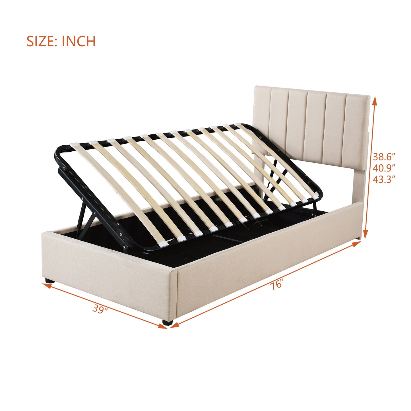 Twin Size Upholstered Platform Bed With A Hydraulic Storage System - Beige