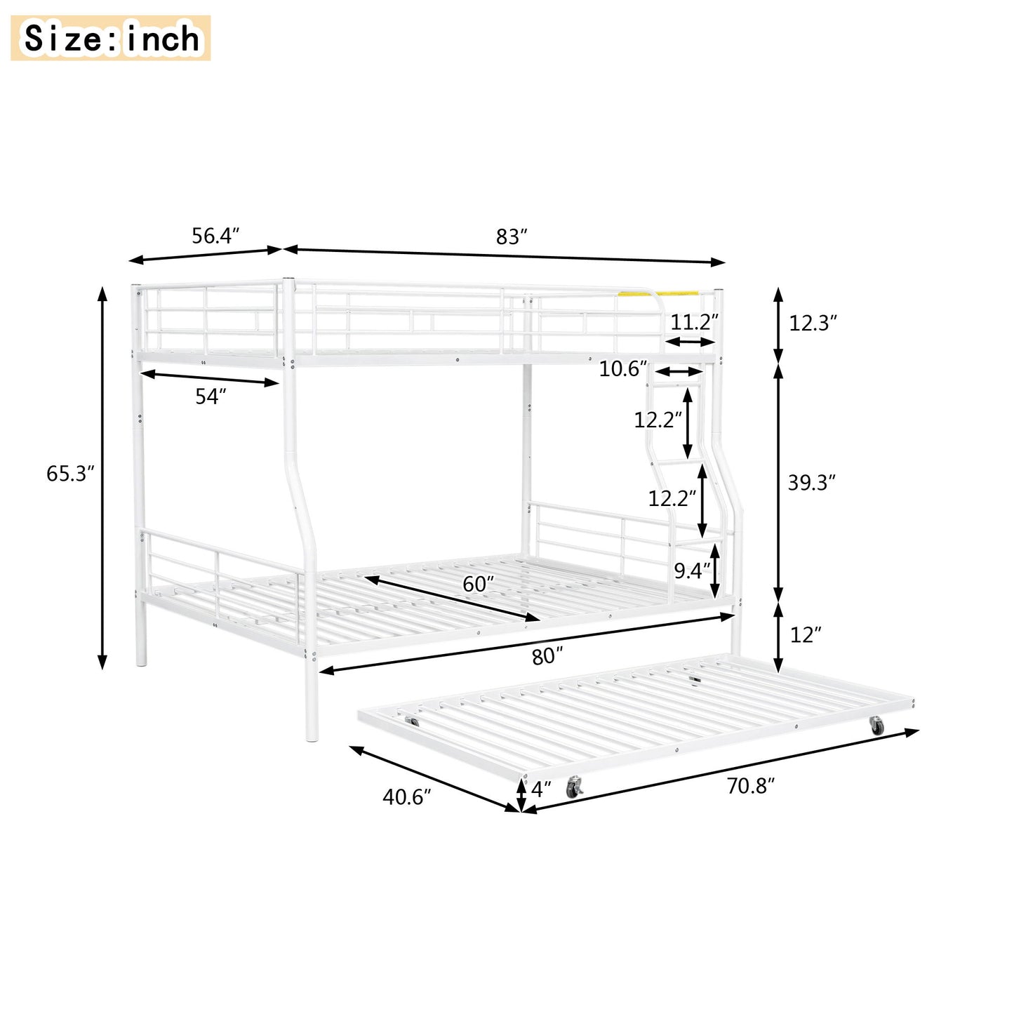 Full Long Over Queen Metal Bunk Bed With Trundle - White