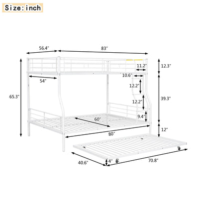 Full Long Over Queen Metal Bunk Bed With Trundle - White