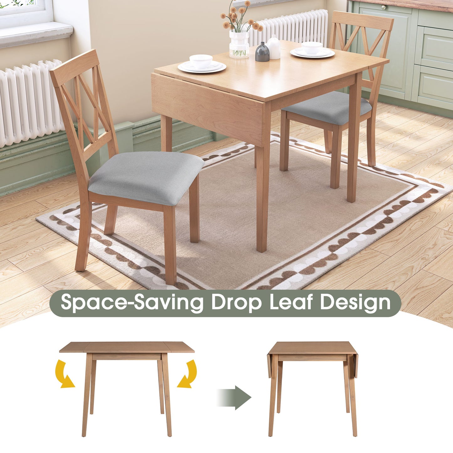 3 Piece Kitchen Dining Set With Drop Leaf Dining Table And 2 Dining Upholstered Chairs, Dining Room Set For Small Places - Natural