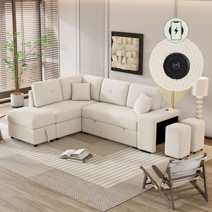 Convertible Sleeper, Sectional Pull Out Sofa Bed With Storage Ottoman, 2 Throw Pillows, 2 Stools, Wireless Charger And Two Hidden USB Ports For Living Room - Cream