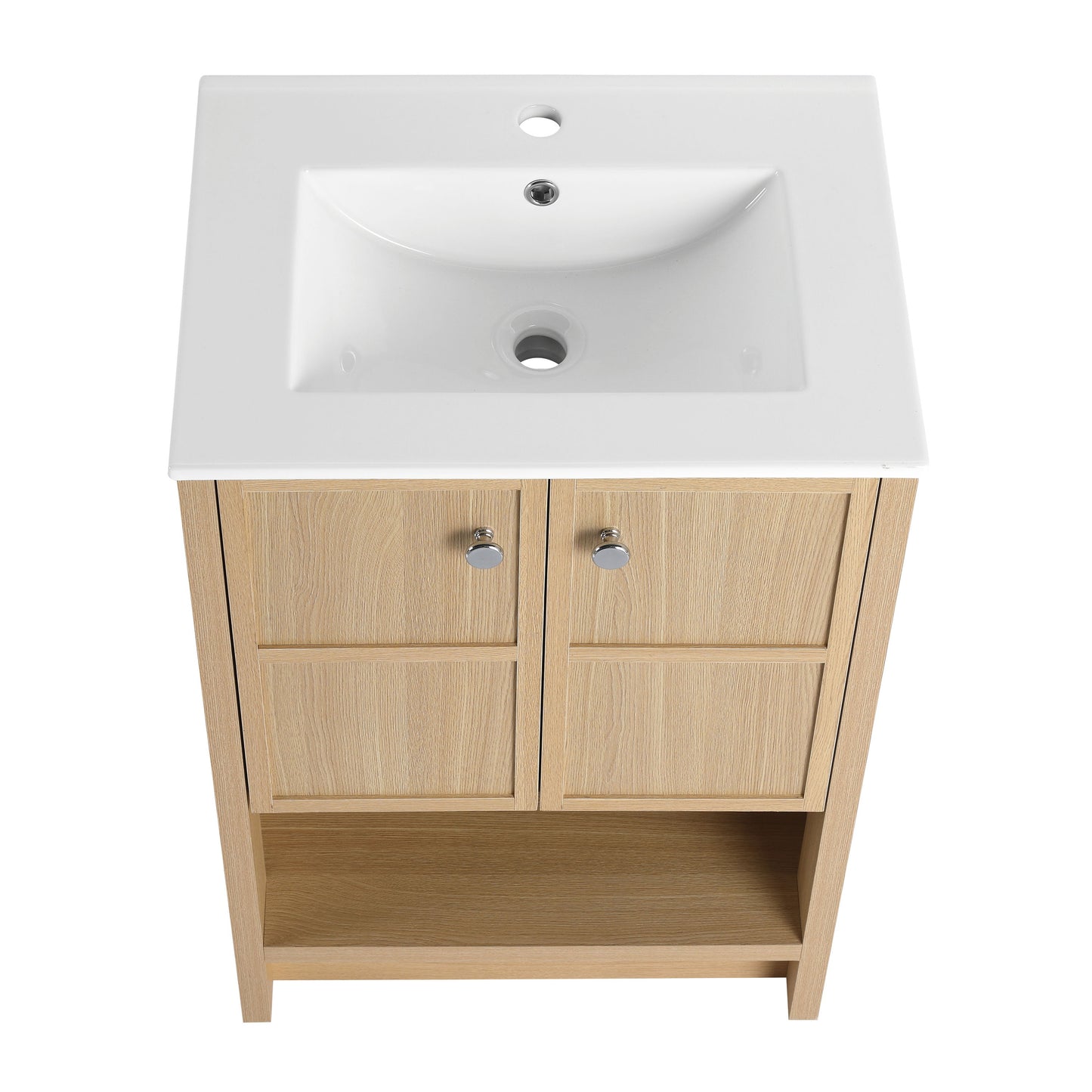 Modern 24" Freestanding Bathroom Vanity With Ceramic Sink And Soft Closing Doors - Oak
