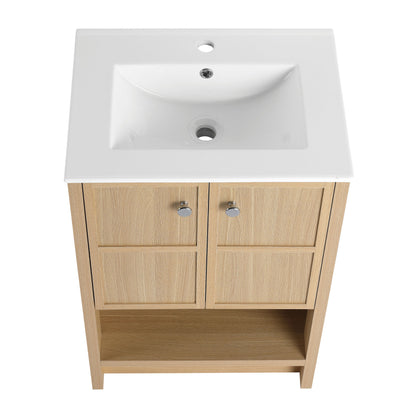 Modern 24" Freestanding Bathroom Vanity With Ceramic Sink And Soft Closing Doors - Oak