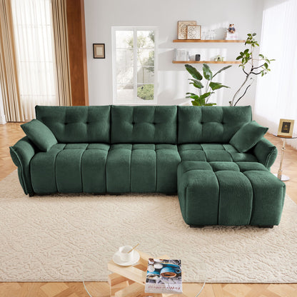 Stylish 3 Seater Sofa Set With Ottoman And Pillows, Textured, High Resilience Cushions - Green