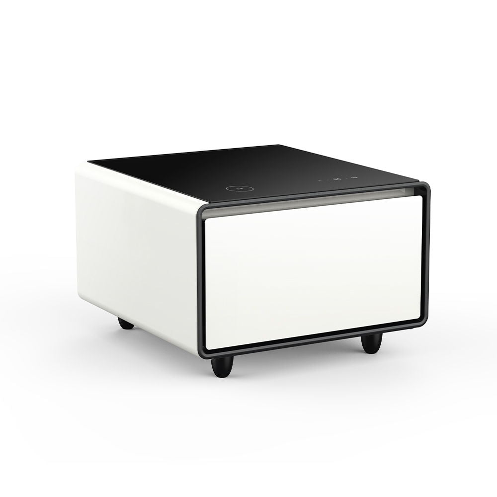 Modern Smart Side Table With Built-In Fridge, Wireless Charging, Temperature Control, Power Socket, USB Ports, Outlet Protection, Induction Light - White